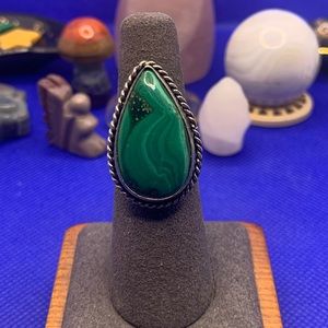Comfort Curl ADJUSTABLE Genuine Fab Green Malachite Ring! .925 Sterling Overlay